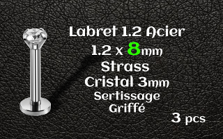 labret acier 1.2x8 - strass cristal serti griffe 3 mm