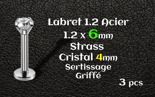 labret acier 1.2x6 - strass cristal serti griffe 4 mm