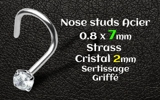 nostril acier 0.8 x 7 - strass cristal 2 mm serti griffe