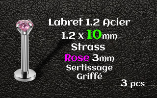labret acier 1.2x10 - strass rose serti griffe 3 mm