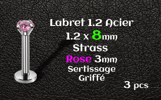 labret acier 1.2x8 - strass rose serti griffe 3 mm