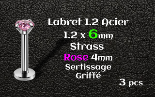 labret acier 1.2x6 - strass rose serti griffe 4 mm