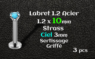 labret acier 1.2x10 - strass ciel serti griffe 3 mm