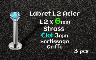 labret acier 1.2x6 - strass ciel serti griffe 3 mm