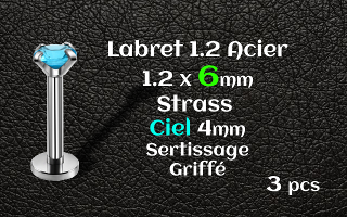 labret acier 1.2x6 - strass ciel serti griffe 4 mm