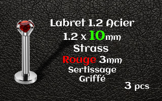 labret acier 1.2x10 - strass rouge serti griffe 3 mm