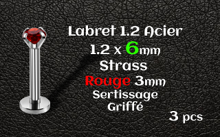 labret acier 1.2x6 - strass rouge serti griffe 3 mm