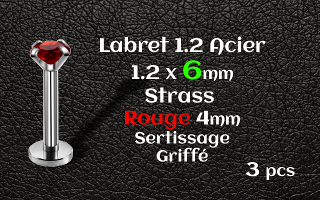 labret acier 1.2x6 - strass rouge serti griffe 4 mm