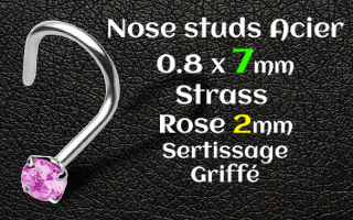 nostril acier 0.8 x 7 - strass rose 2 mm serti griffe