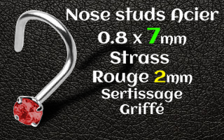 nostril acier 0.8 x 7 - strass rouge 2 mm serti griffe