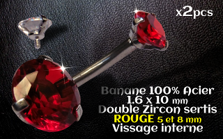 bananes Acier 1.6 x 10 mm - zircon Rouge 5 et 8 mm sertissage acier - vissage interne.