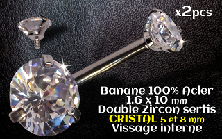 bananes Acier 1.6 x 10 mm - zircon Cristal 5 et 8 mm sertissage acier - vissage interne.