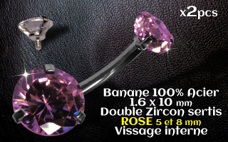 bananes Acier 1.6 x 10 mm - zircon Rose 5 et 8 mm sertissage acier - vissage interne.