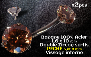 bananes Acier 1.6 x 10 mm - zircon Peche 5 et 8 mm sertissage acier - vissage interne.