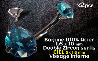 bananes Acier 1.6 x 10 mm - zircon Ciel 5 et 8 mm sertissage acier - vissage interne.