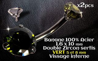 bananes Acier 1.6 x 10 mm - zircon Vert 5 et 8 mm sertissage acier - vissage interne.