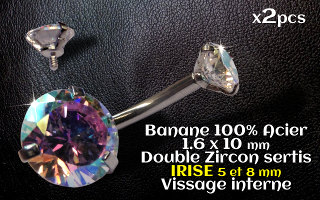 bananes Acier 1.6 x 10 mm - zircon Irise 5 et 8 mm sertissage acier - vissage interne.
