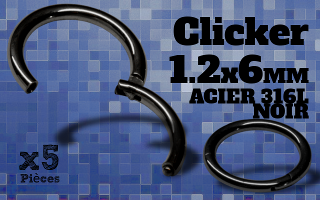5 Anneaux clicker acier 316 Noir - 1.2x6 mm- ouverture et fermeture sans pince