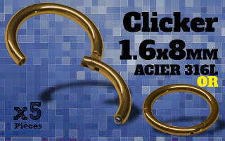 5 Anneaux clicker acier 316 dore - 1.6x8 mm- ouverture et fermeture sans pince