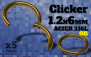 5 Anneaux clicker acier 316 dore - 1.2x6 mm- ouverture et fermeture sans pince