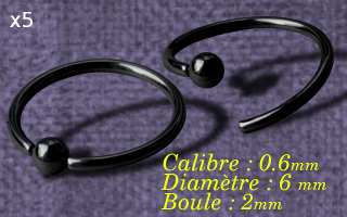 anneaux acier noir souple 0.6 x 6 - boule fixe- fermeture à la main.