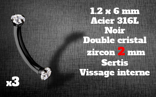 bananes Acier Noir 1.2 x 6 - strass 2 mm cristal sertis - vissage interne.