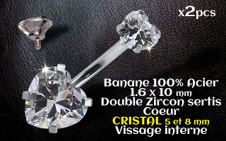 bananes Acier 1.6 x 10 mm - zircon coeur Cristal 5 et 8 mm sertissage acier - vissage interne.