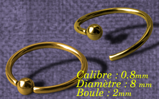 anneaux acier Dore souple 0.8 x 8 x 2 - special septum - fermeture à la main.