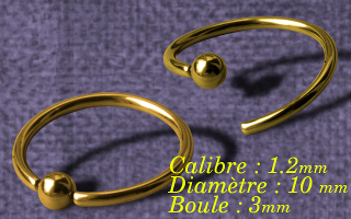 anneaux acier Dore souple 1.2 x 10 x 3 - special septum - fermeture à la main.