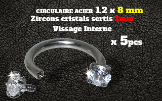 Circulaire Acier 1.2 x 8 double zircon serti 3 mm - vissage interne