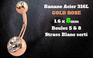 bananes acier 1.6 x 8 - acier 316L rose gold - boules strass serti cristal 5 et 8 mm