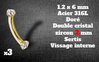 bananes Acier Dore 1.2 x 6 - strass 2 mm cristal sertis - vissage interne