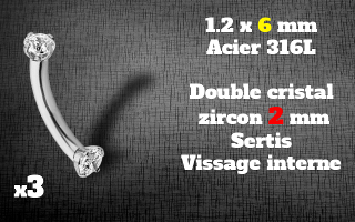 bananes Acier 1.2 x 6 - strass 2 mm cristal sertis - vissage interne