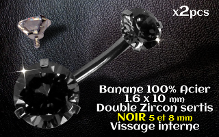 bananes Acier 1.6 x 10 mm - zircon Noir 5 et 8 mm sertissage acier - vissage interne.