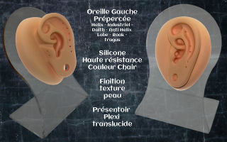 Presentoir Silicone haute resistance couleur chair - texture peau - prepercee tragus industriel tragus lobe rook anti helix daith etc.. - support plexi translucide