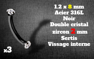 bananes Acier Noir 1.2 x 8 - strass 2 mm cristal sertis - vissage interne.