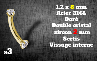 bananes Acier Dore 1.2 x 8 - strass 2 mm cristal sertis - vissage interne.