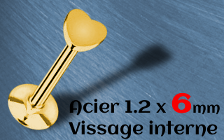 labret acier dore 1.2 x 6 coeur vissage interne