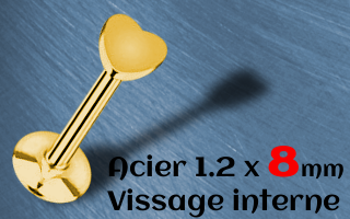 labret acier dore 1.2 x 8 coeur vissage interne