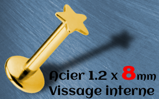 labret acier dore 1.2 x 8 etoile vissage interne