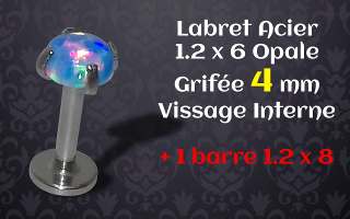 labret vissage interne acier 1.2 x 6mm opale grifée acier 4 mm - barre 1.2 x 8 additionnelle