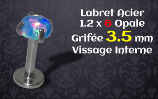 labret vissage interne acier 1.2 x 6mm opale griffee acier 3.5 mm -