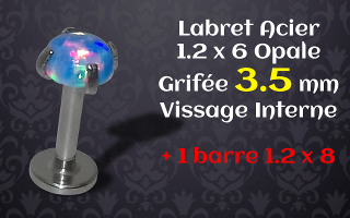 labret vissage interne acier 1.2 x 6mm opale grifée acier 3.5 mm - barre 1.2 x 8 additionnelle