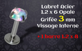 labret vissage interne acier 1.2 x 6mm opale grifée acier 3 mm - barre 1.2 x 8 additionnelle