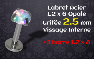 labret vissage interne acier 1.2 x 6mm opale grifée acier 2.5 mm - barre 1.2 x 8 additionnelle