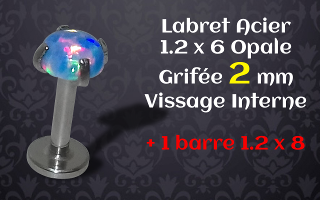 labret vissage interne acier 1.2 x 6mm opale grifée acier 2 mm - barre 1.2 x 8 additionnelle