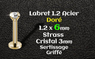 Labret 1.2x6 Acier Dore strass 3mm cristal griffe serti - vissage interne