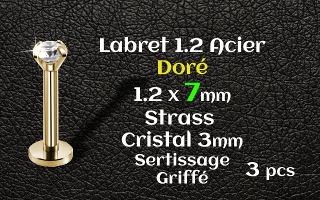 Labret 1.2x7 Acier Dore strass 3mm cristal griffe serti - vissage interne