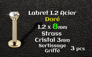 Labret 1.2x8 Acier Dore strass 3mm cristal griffe serti - vissage interne