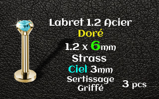 Labret 1.2x6 Acier Dore strass 3mm ciel griffe serti - vissage interne